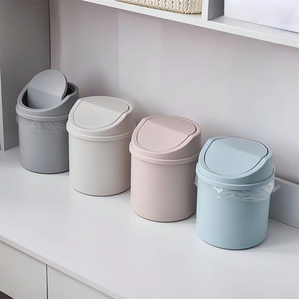 

1pc Mini Desktop Trash Can With Lid - Polypropylene Cylindrical Tabletop Trash Bin For Desk, Office, Coffee Bar - Small Plastic Waste Basket Without Electricity