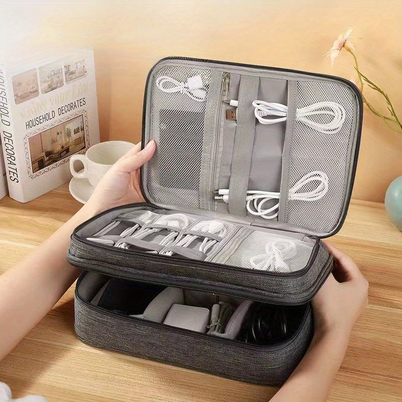 TEMU 3-layer Travel Electronics Organizer Bag - Durable Polyester, Ideal For Cables, , Power Banks & More