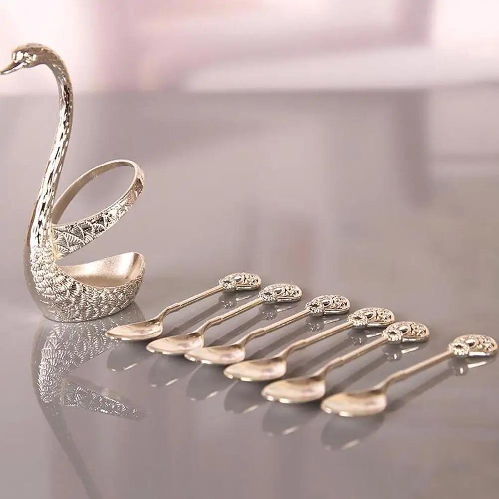 7pcs Golden And Silvery Alloy Creative Cutlery Set, Coffee Swan Spoon Holder With 6 Spoons, For Stirring Coffee, Juice, Desserts, Drinking Water, Etc