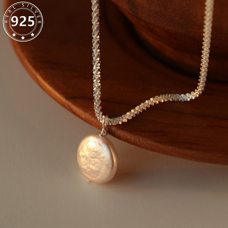 

S925 Sterling Silver Irregular Cold Style Pearl Pendant Necklace Sparkling And Versatile Clavicle Chain 3.88g/0.14oz