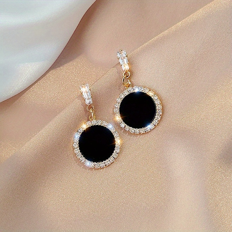 TEMU Black Round Sheet Shiny Zircon Inlaid Dangle Earrings Elegant Trendy Female Earrings Casual Dating Decor