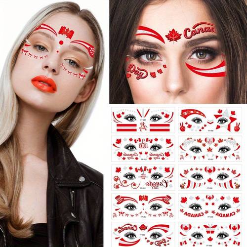 10pcs Canada Day Maple Leaf Temporary Face Tattoos Stickers with Glitter Effect, Waterproof Face Decals for Independence Day Celebration, No Electricity Needed, Durable Party Supplies
