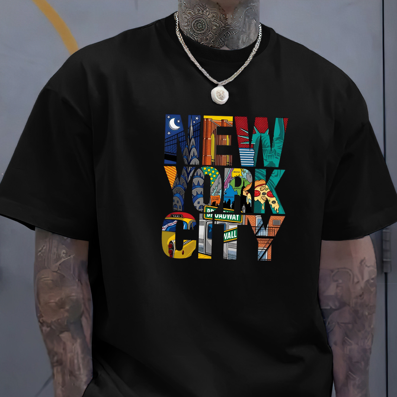 

New York City " Creative Print Stylish T-shirt For Men, Casual Summer Top, Comfortable And Fashion Crew Neck Short Sleeve, Suitable For Daily Wear