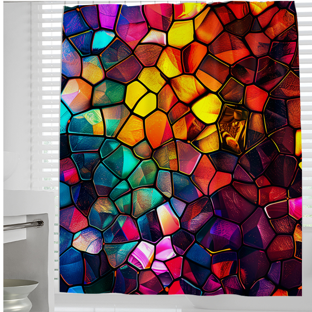 

Colorful Geometric Glass Pattern Waterproof Shower Curtain With 12 Hooks - Water-resistant Polyester Bath Curtain - Stain-resistant Woven Artistic Bathroom Decor - 71x71 Inches