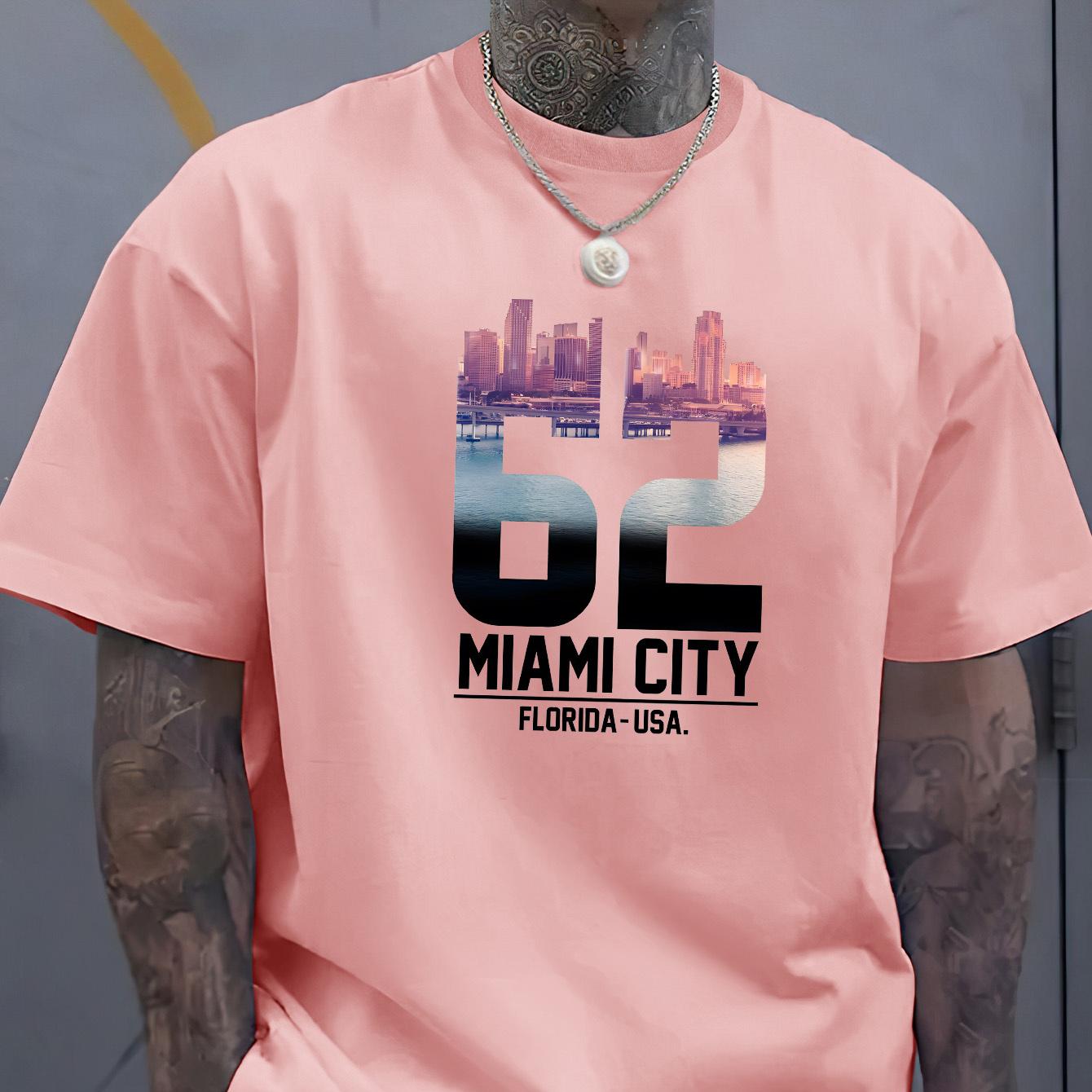 

Miami City "creative Print Men's Casual T-shirt, Summer Fashion Crew Neck Short Sleeve Top, Modern Streetwear Style For Men