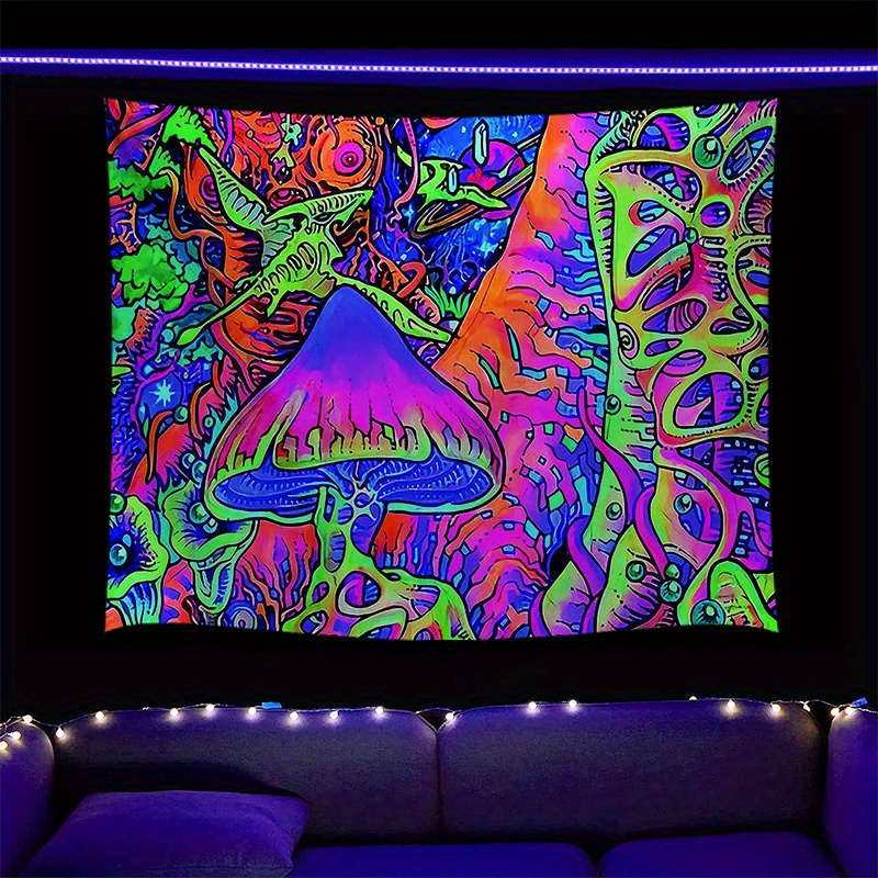 

Psychedelic Tapestry - Uv Reactive Neon Skeleton & For Space Wall Hanging, Aesthetic Home Decor With Free Installation Kit