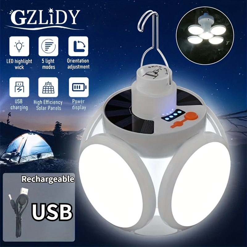 

Ultimate Portable Led Lamp: Solar & Usb Rechargeable, Foldable With Power Display, Perfect For Camping, Fishing, And Emergency Lighting