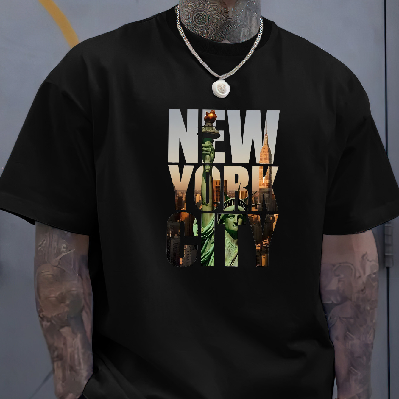 

New York City " Trendy Print Casual Short-sleeved T-shirt For Men, Spring And Summer Top, Comfortable Round Neck Tee, Regular Fit, Versatile Fashion For Everyday Wear