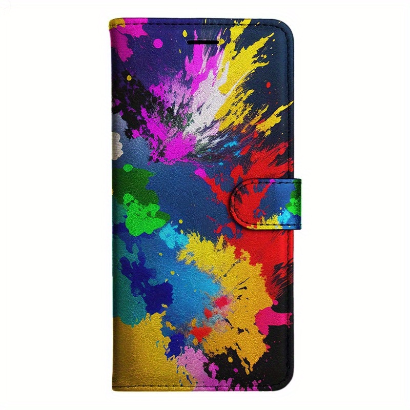 TEMU Faux Leather Flip Wallet Case With Oil Splashed Graffiti Design - Shockproof, Magnetic Buckle Closure, Compatible With Galaxy S8, S9, S10, M10,