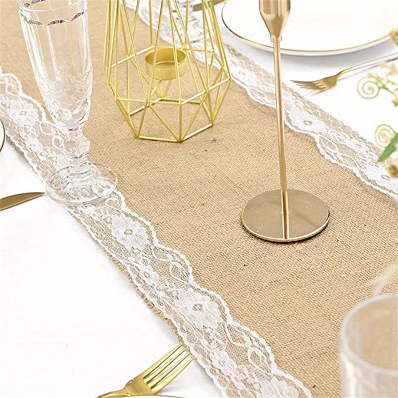 

Burlap Linen Table Runner With White Lace Edging, Rectangle Woven Table Decor For Rustic Country Wedding, Engagement Party, And Home Decoration - 1pc