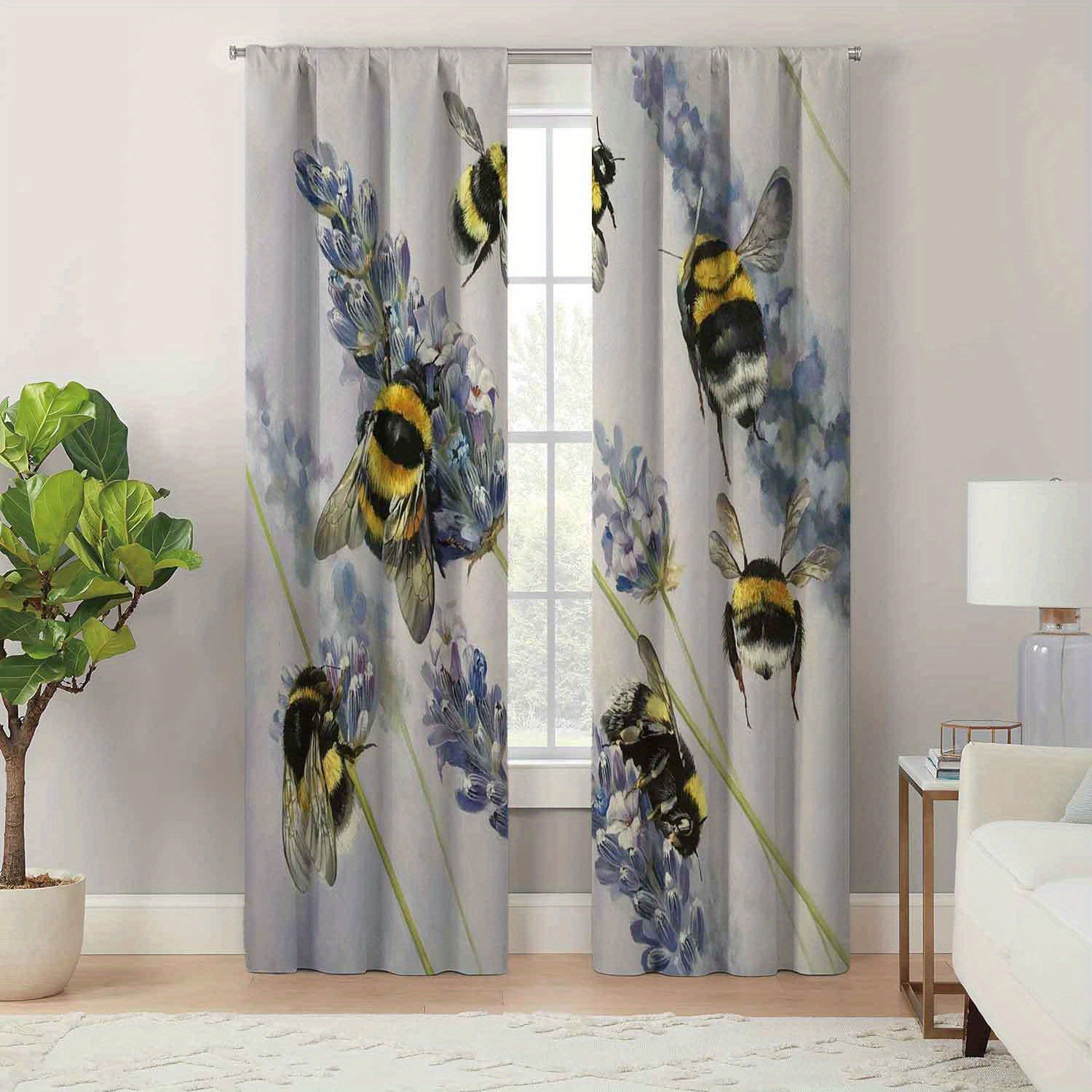 

Modern Jacquard Bee Printed Curtain Set - Pastoral Charm Easy Maintenance, Durable Polyester For Bedroom And Living Room - Includes Tie Back, Machine Washable Boho Style