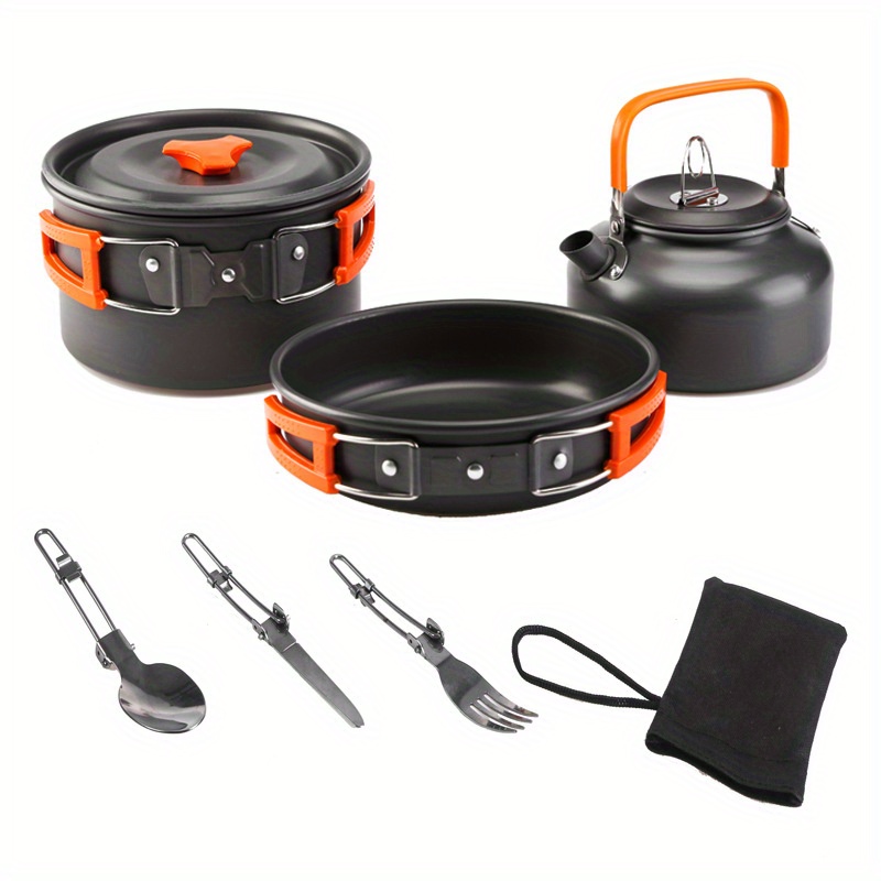 portable aluminum camping cookware set   pot pan teapot with foldable utensils for 2 3 people   hiking bbqs picnics details 2