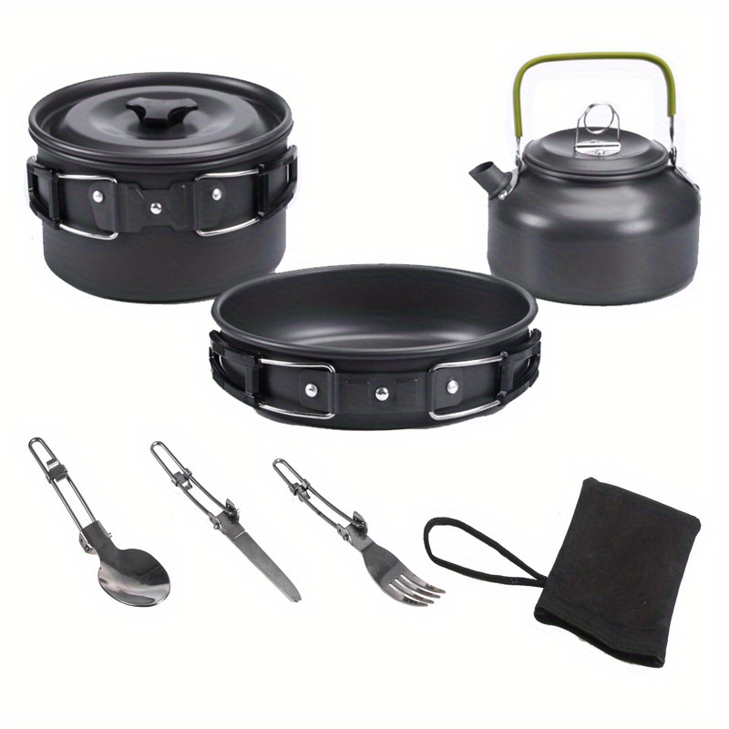 portable aluminum camping cookware set   pot pan teapot with foldable utensils for 2 3 people   hiking bbqs picnics details 3