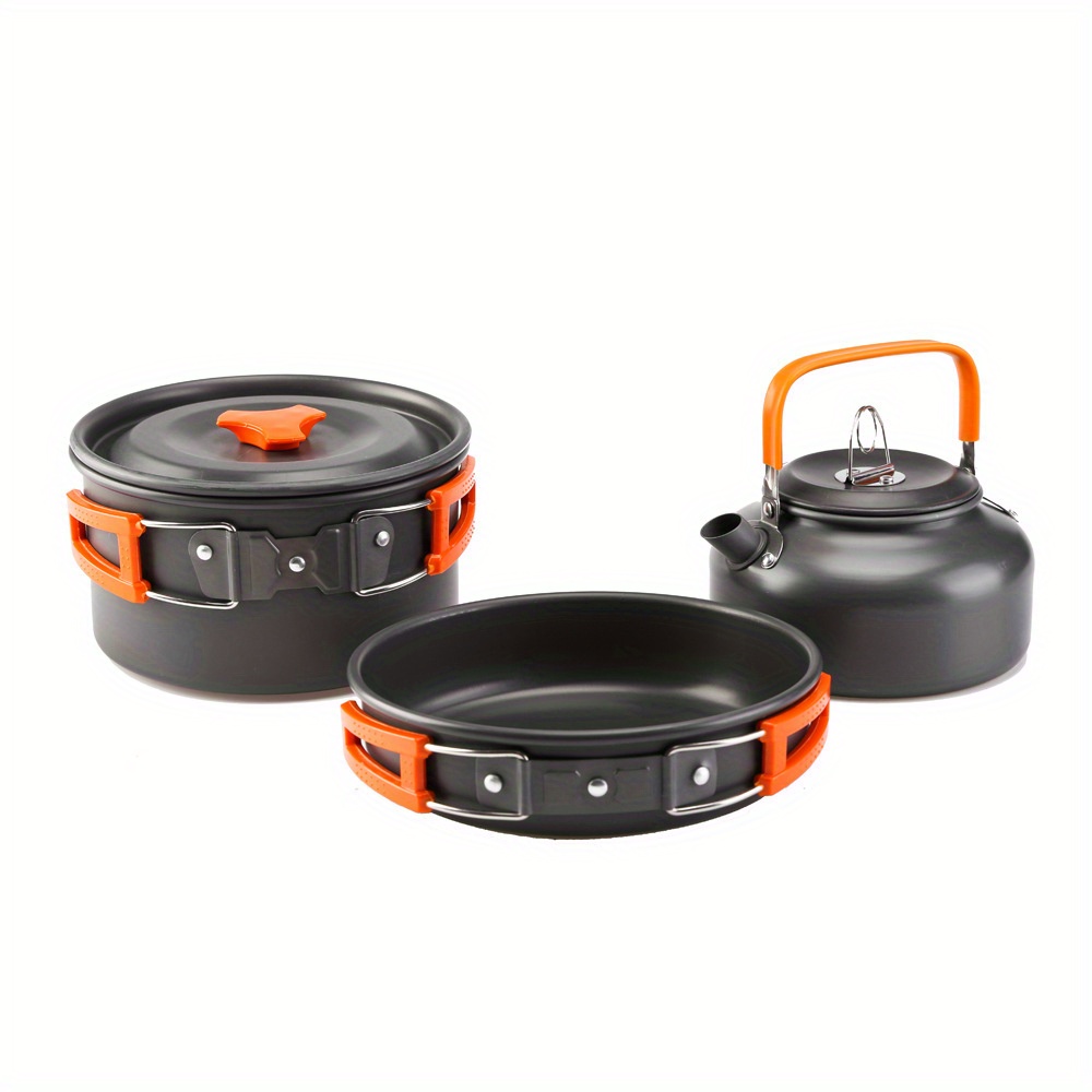 portable aluminum camping cookware set   pot pan teapot with foldable utensils for 2 3 people   hiking bbqs picnics details 5