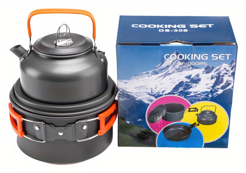 portable aluminum camping cookware set   pot pan teapot with foldable utensils for 2 3 people   hiking bbqs picnics details 8