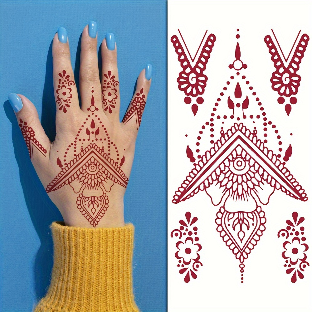 

12 Sheets Full Hand Temporary Tattoo Stickers, Non-toxic Water Transfer Fake Mehndi Designs, India-inspired Brown Maroon Tattoos For Safe And Easy Use.