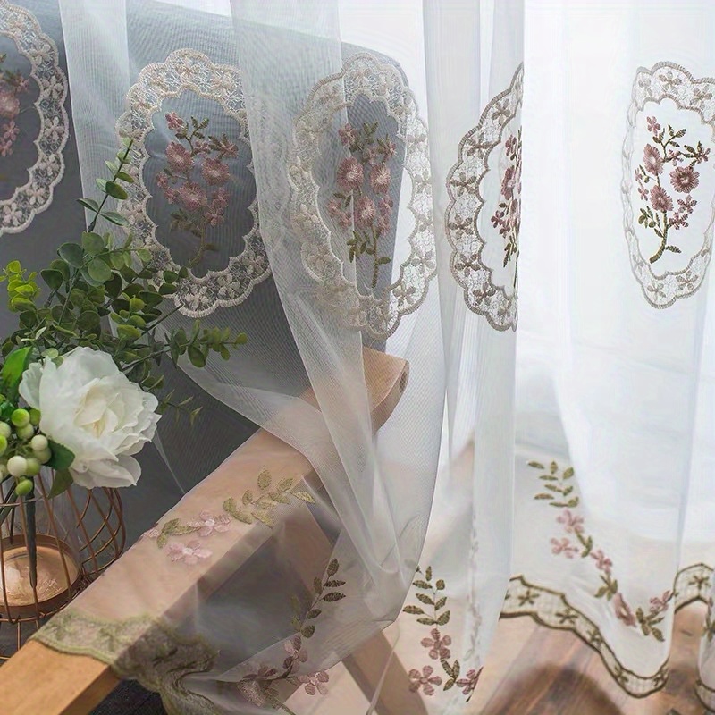 Image of 2pcs Romantic Lace Sheer Curtains Embroidered Floral Tulle Curtains For Home Decor