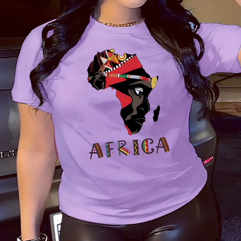 

T-shirt imprimé lettre Afrique grande taille, T-shirt décontracté à col rond et manches courtes, Vêtements grande taille pour femmes