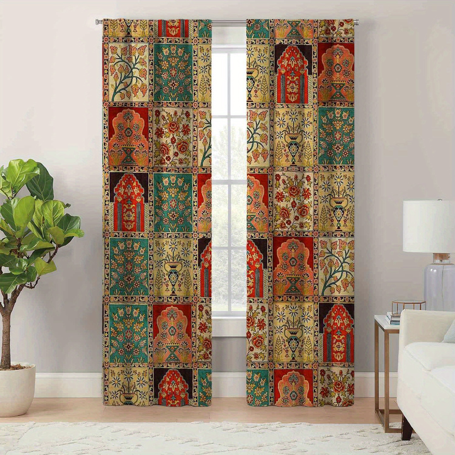 

Boho-chic Vintage Geometric Print Curtains - Easy Care, Perfect For Living Room & Bedroom Decor, Durable Polyester With Tieback Design