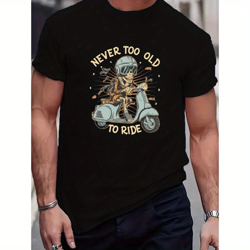 

Skeleton On A Scooter Print Tee Shirt, Tees For Men, Casual Short Sleeve T-shirt For Summer