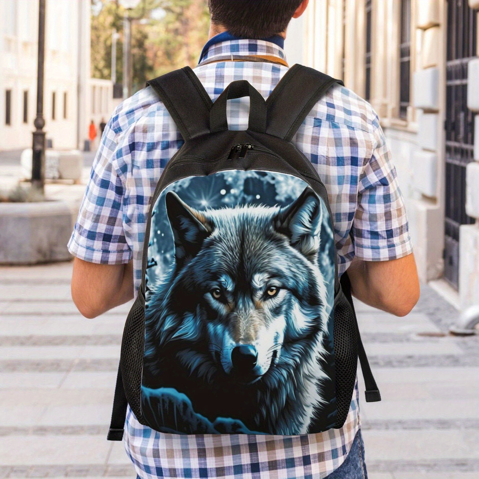 wolf print school backpack men women lightweight Temu Mauritius