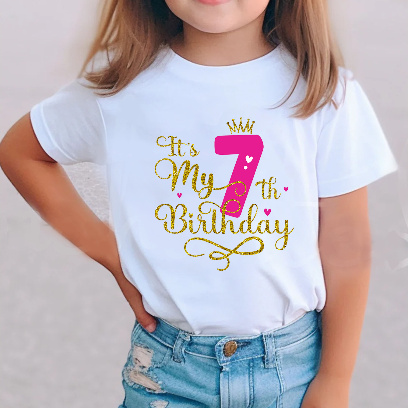 

It's My 7th Birthday Print Tee, Girls' Casual & Trendy Crew Neck Short Sleeve Cotton T-shirt For Spring & Summer, Girls' Clothes For Outdoor Activities & Birthday