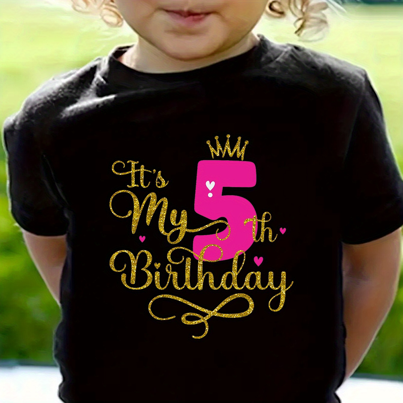 

It's My 5th Birthday & Crown Graphic Print Tee, Girls' Casual & Trendy Crew Neck Short Sleeve Cotton T-shirt For Spring & Summer, Girls' Clothes For Outdoor Activities