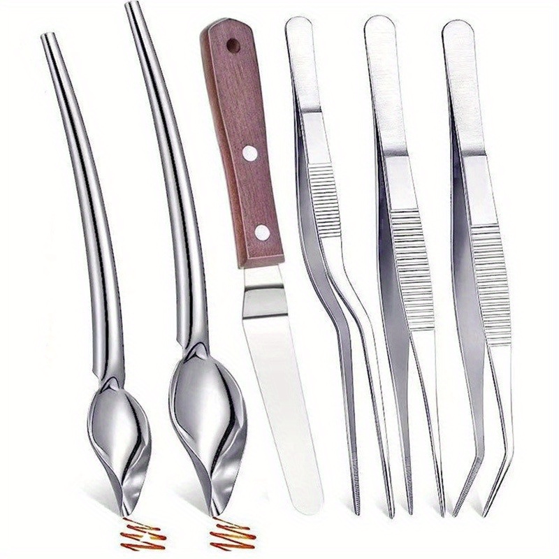 

6pcs Stainless Steel Kitchen Set: Precision Tweezers, Drawing Spoons & Offset Spatula For Culinary Plating And Decorating