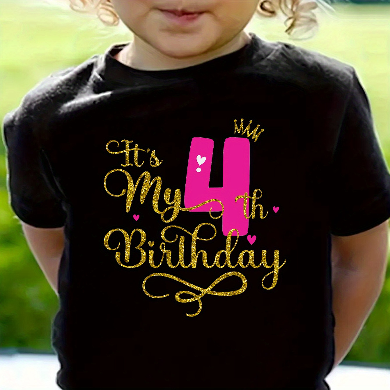 

It's My 4th Birthday Print Tee, Girls' Casual & Trendy Crew Neck Short Sleeve Cotton T-shirt For Spring & Summer, Girls' Clothes For Outdoor Activities & Birthday