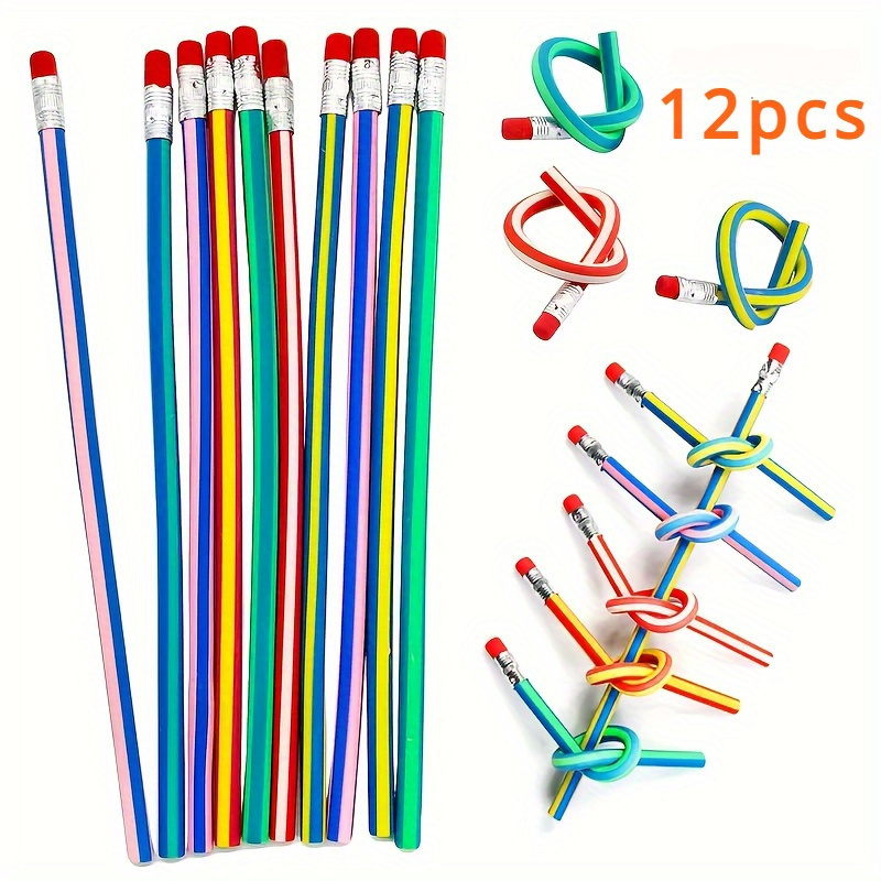 

12pcs Flexible Pencils, Round Shape, Fun Striped Colors, With Eraser, For Students, Classroom , And Creative Writing Tools