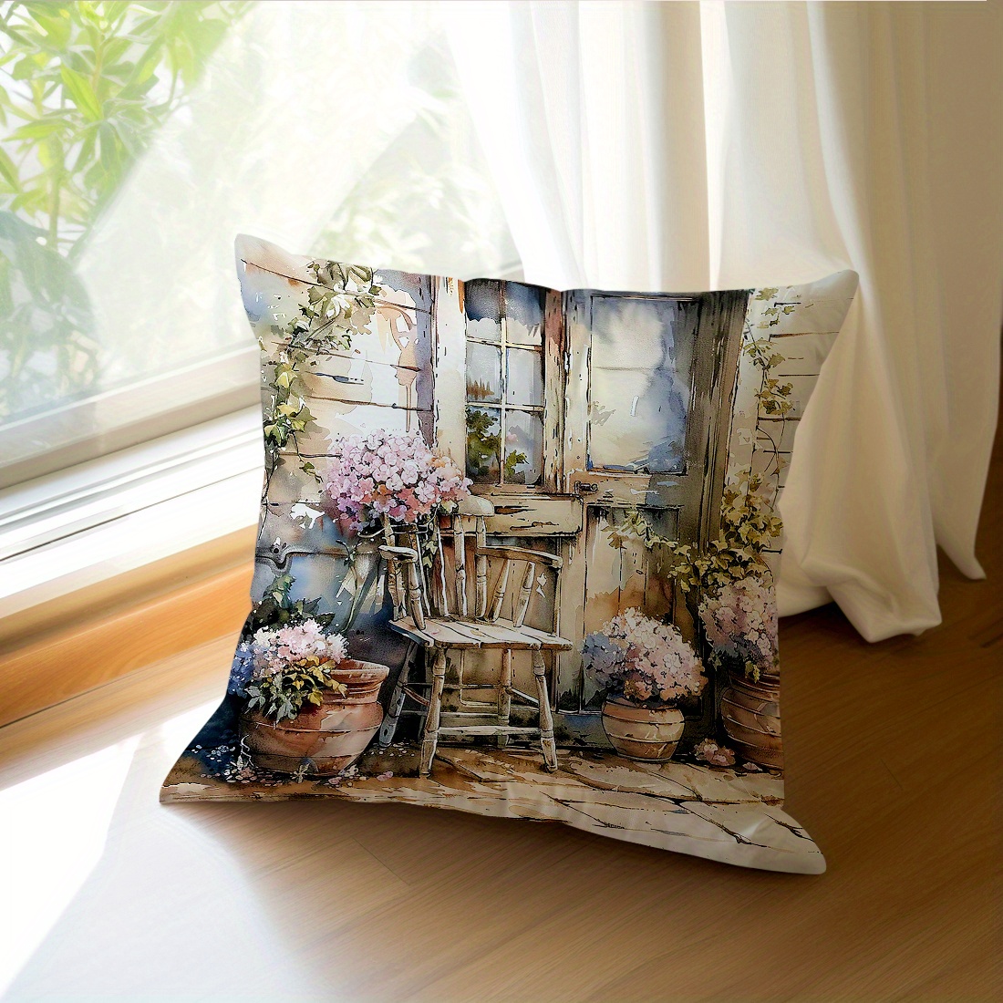 

blossom Chic" Spring Farmhouse Decorative Throw Pillow Cover 18x18 Inches - Soft Polyester, Zip Closure, Machine Washable For Living Room & Sofa