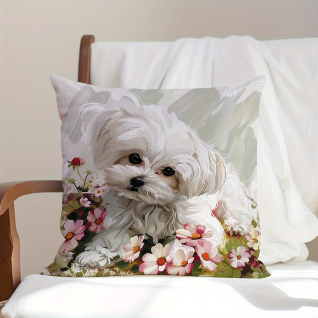 

Elegant White Dog & Floral Design Throw Pillow Cover 17.7" - Perfect For Sofas, Beds, And Cars