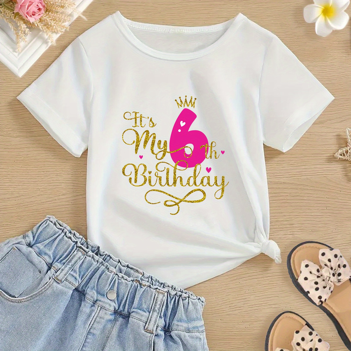 

It's My 6th Birthday Artistic Fashion Creative Letter Print Girls Casual Comfortable Breathable Crew Neck Short-sleeved T-shirt For Spring/ Summer, Suitable For Outdoor Activities