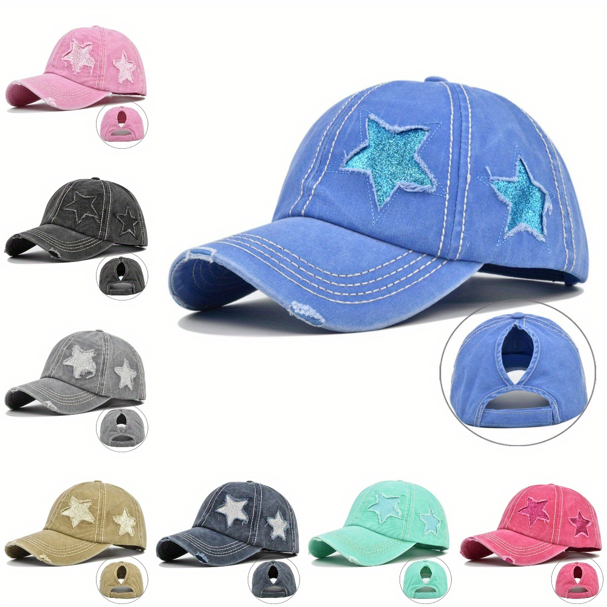 

Women's Distressed Washed Baseball Cap With Glitter Stars, Adjustable Ponytail Slot, Stylish Sun Protection Peaked Hat For Outdoor Cycling And Hiking Gifts For Eid Music Festival