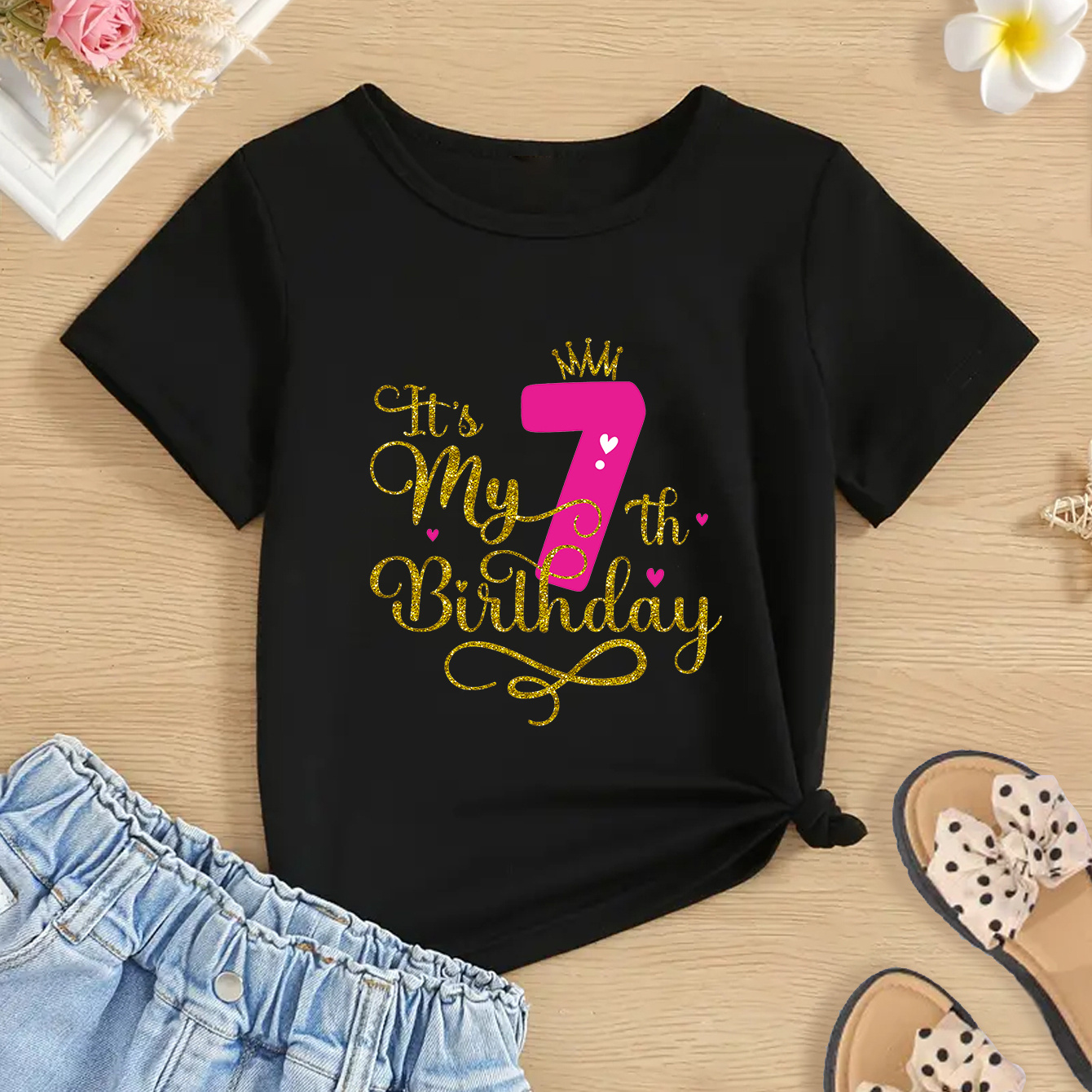 

It's My 7th Birthday Fashion Creative Letter Print Girls Casual Comfortable Breathable Crew Neck Short-sleeved T-shirt For Summer, Suitable For Outdoor Activities