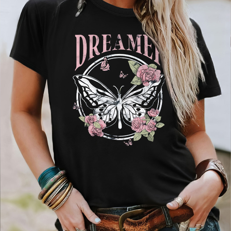 

Chic Butterfly & Letter Print Women's Casual T-shirt - Breathable Polyester, Crew Neck, Short Sleeve Top For