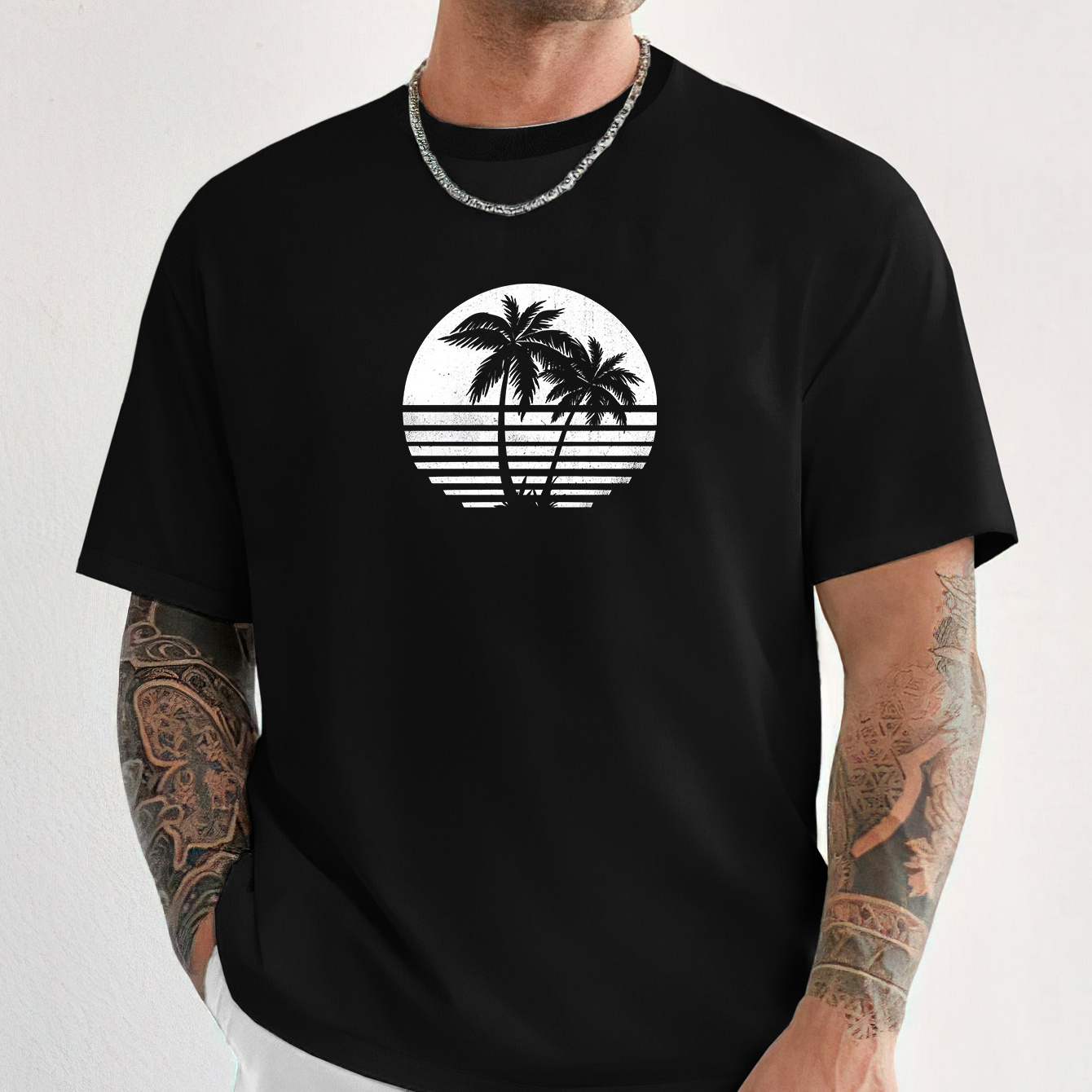 

Tropical Palm Trendy Print Casual Short-sleeved T-shirt For Men, Spring And Summer Top, Comfortable Round Neck Tee, Regular Fit, Versatile Fashion For Everyday Wear