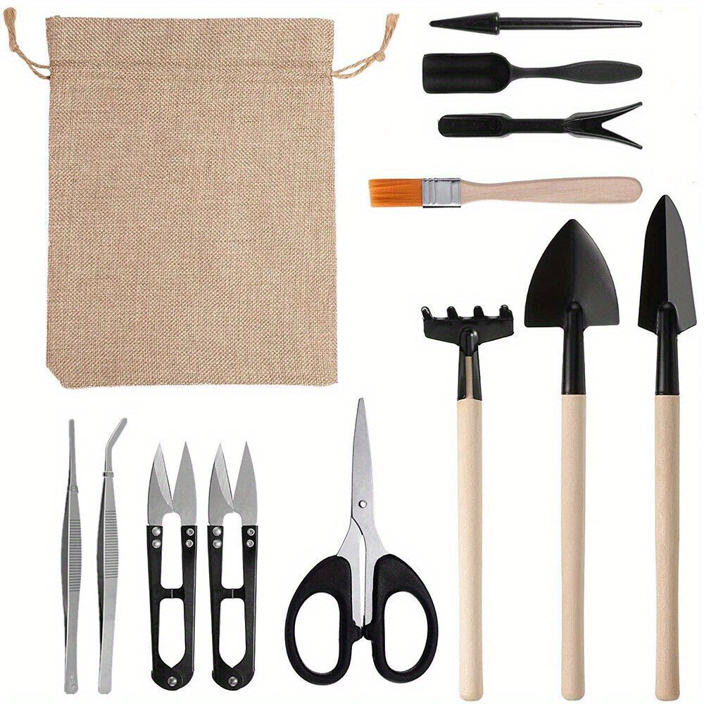 

13pcs Mini Garden Hand Tools Set - Metal & Wood Transplanting Shovel Kit With Fabric Pouch For Outdoor Bonsai Planting - Manual Use Without Electricity