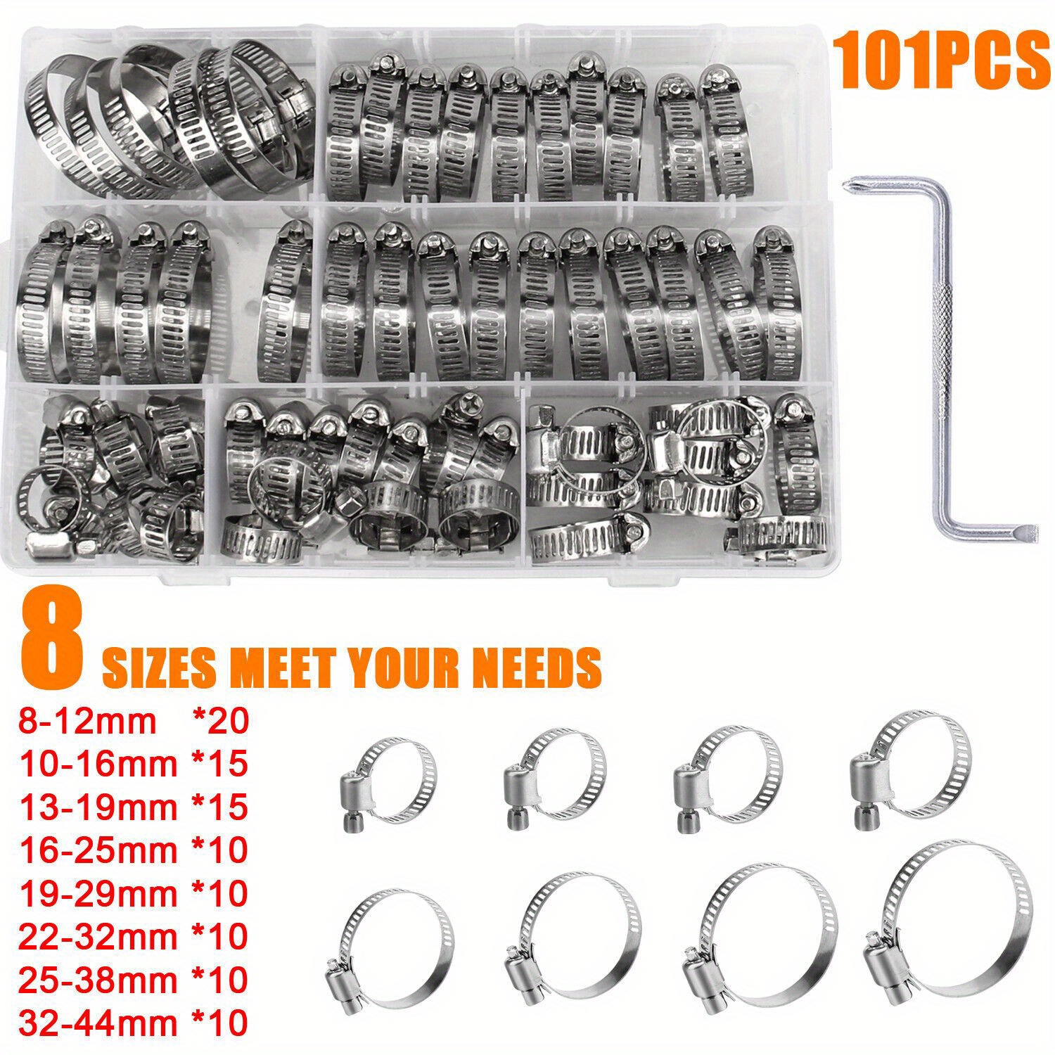 

101pcs Adjustable Hose Clamps Worm Gear Stainless Steel Clamp Assortment 8 Sizes