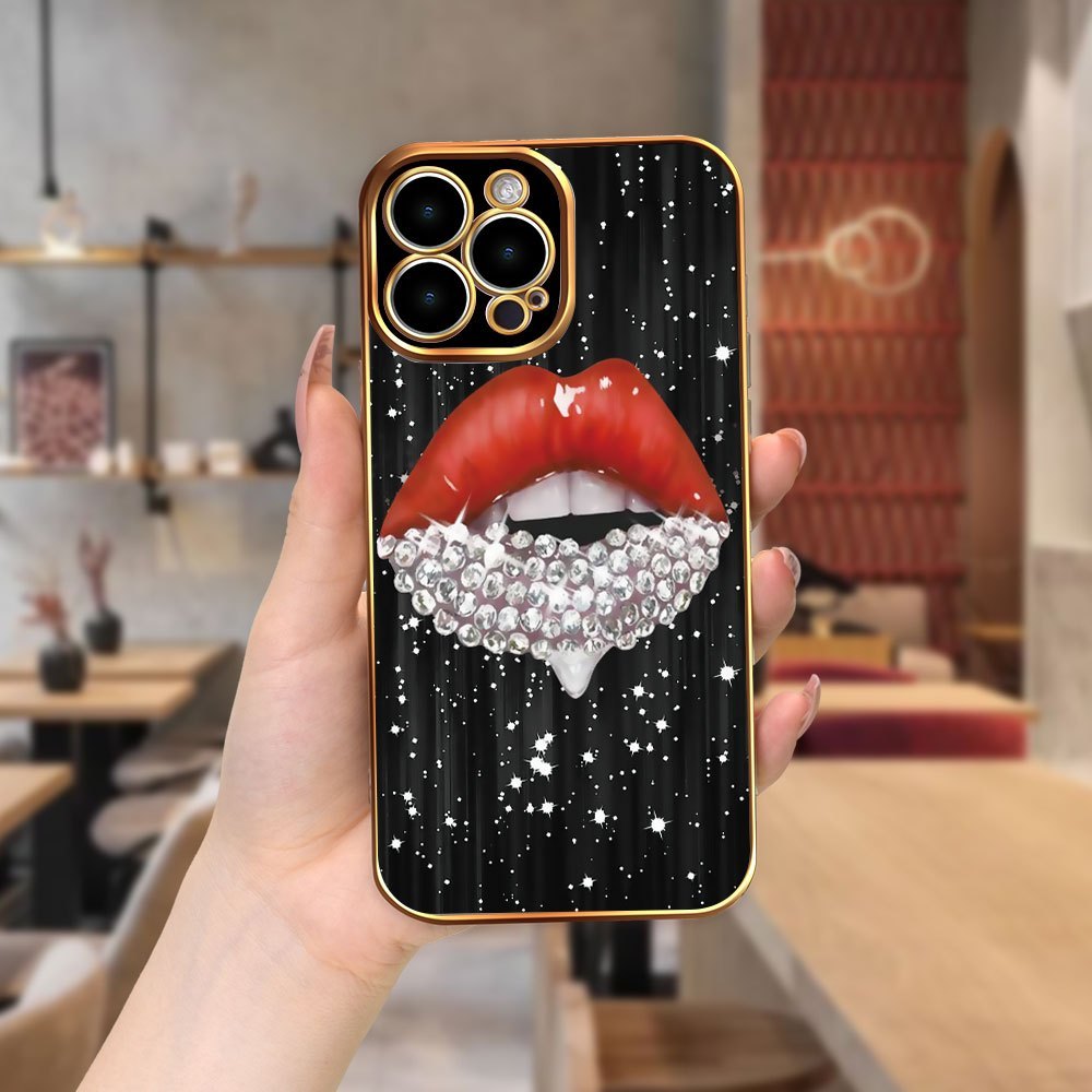 

Red Lips Diamond Print Phone Case, Tpu Material, Electroplating Edge, Compatible With 15/14/13/12/11/xs/xr/x/7/8 Plus Pro Max Mini
