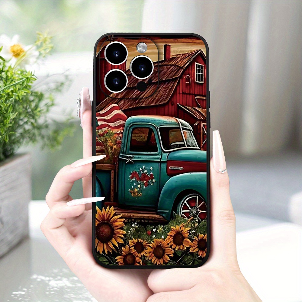 

Vintage Sunflower And Truck Print Tpu Case With Camera Protection For 15/14/13/12/11/xs/xr/x/7/8 Plus/pro/max/mini - Matte Finish Rustic Style Soft Phone Cover