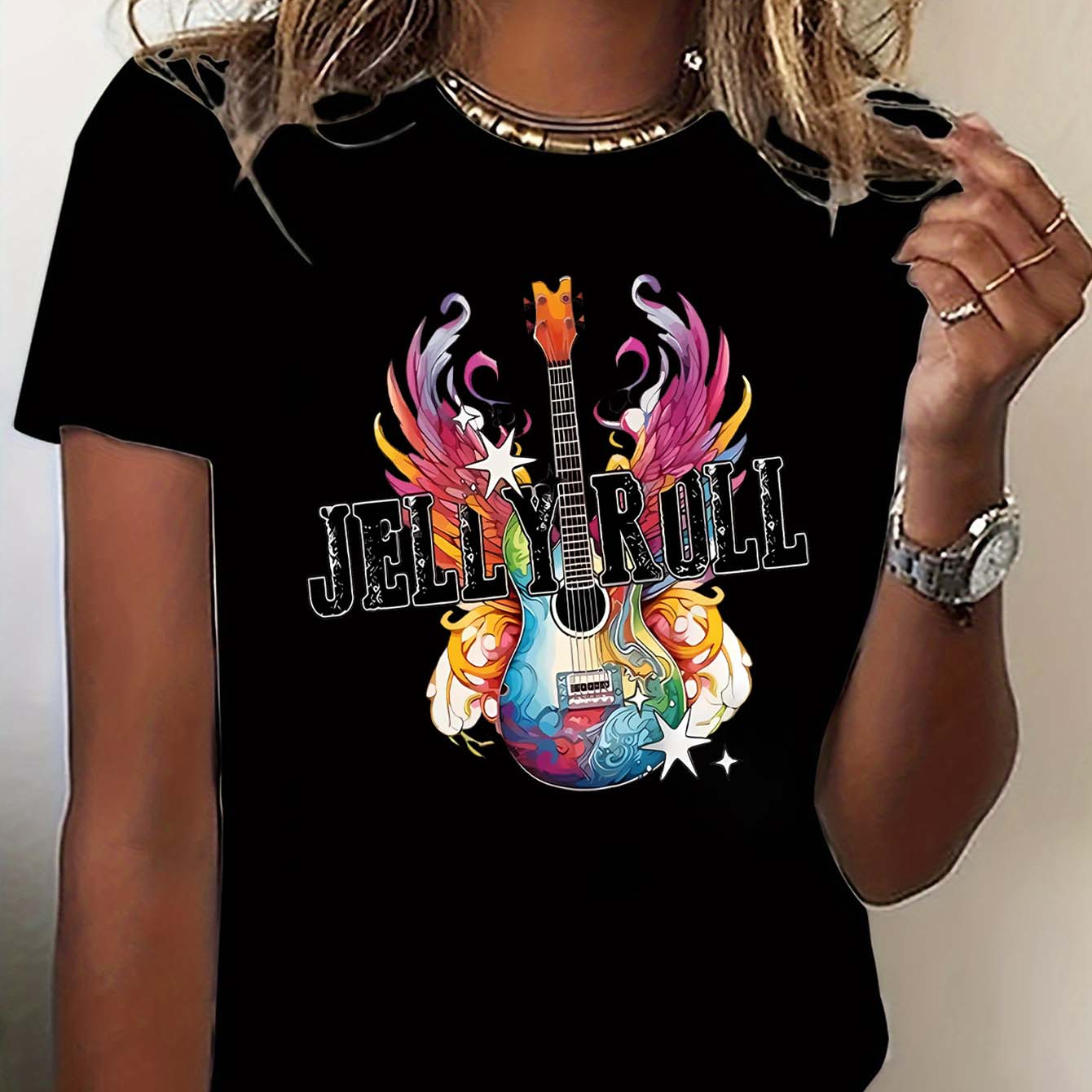 

Women's Y2k Style Music Guitar Print Round Neck Fashion Casual Tee, Comfortable Short Sleeve Sporty Top For Casual Wear