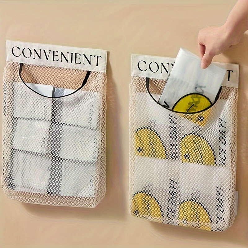 1pc stretchable wall mounted bag organizer with reinforced   multi use hanging mesh for kitchen clutter   saving storage solution for plastic bags clothespins storage bag organizer for kitchen details 3