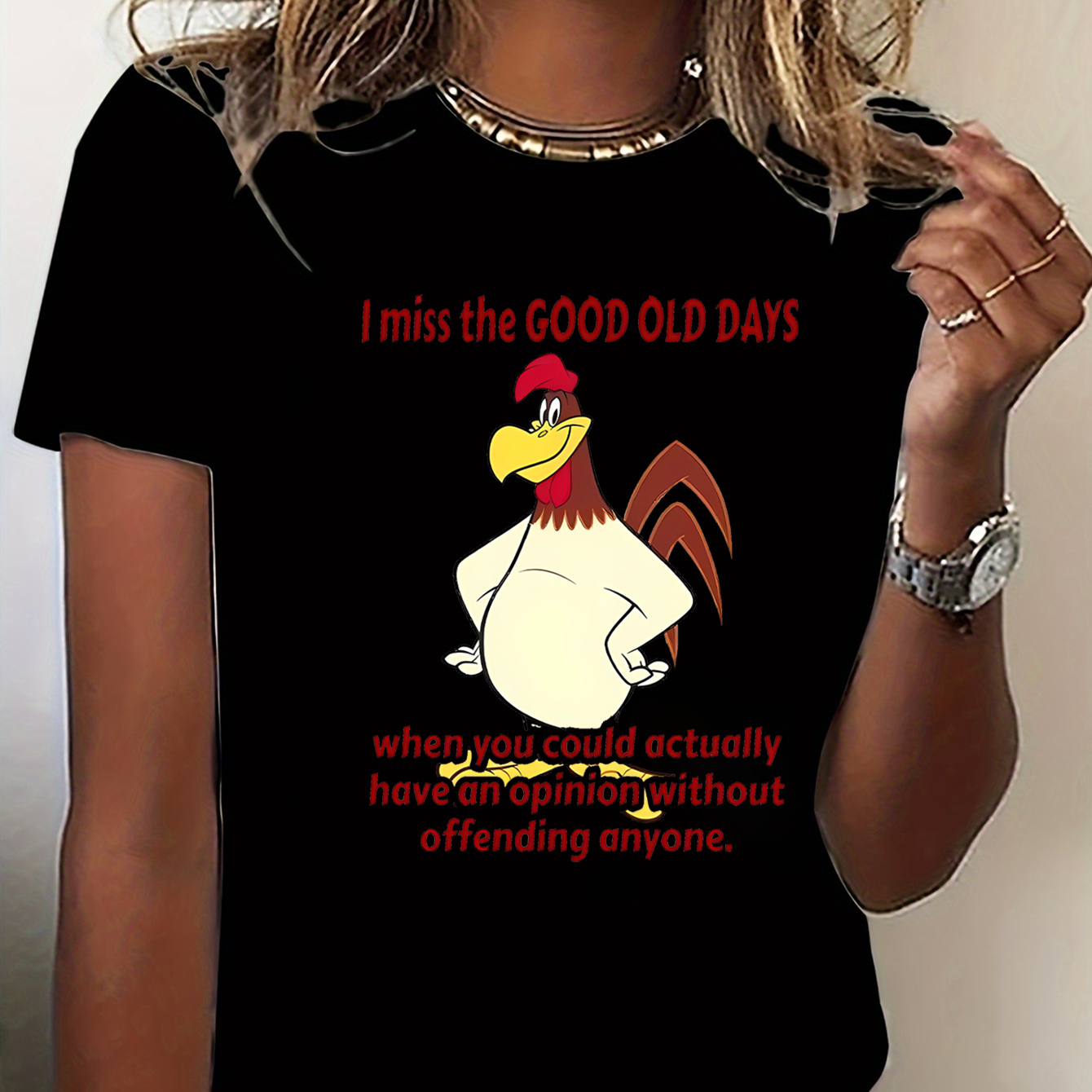 

Women's Funny Rooster Graphic Tee, Casual Round Neck Short Sleeve Sporty Top, Comfortable Black Y2k Style T-shirt