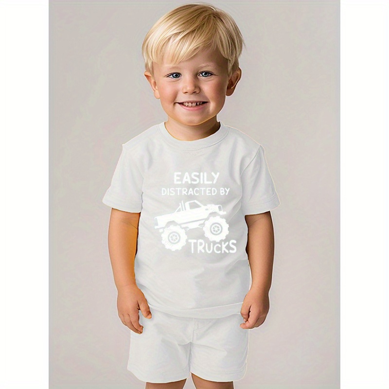 

2pcs Boys Casual Trucks Print Comfortable Versatile Short Sleeve T-shirt & Shorts Set, Cool, Lightweight And Comfy Summer Clothes