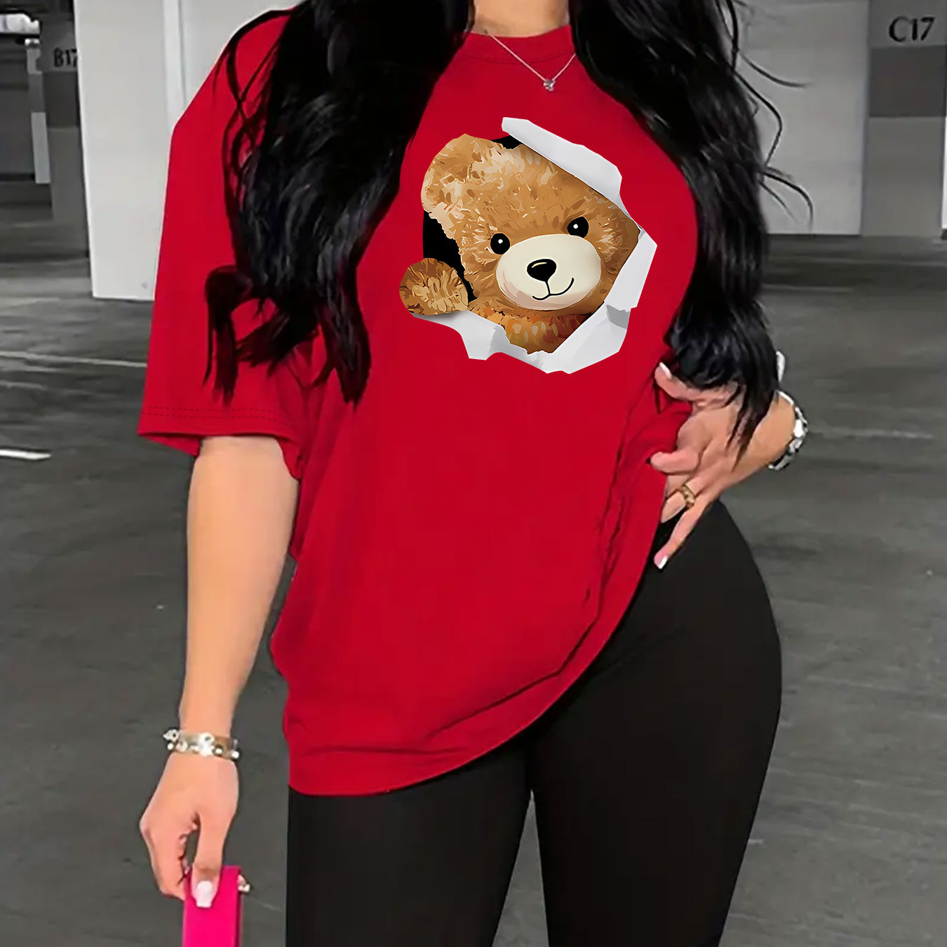 

Bear Print 2 Piece Set, Short Sleeve T-shirt & Short Leggings, Women's Clothing