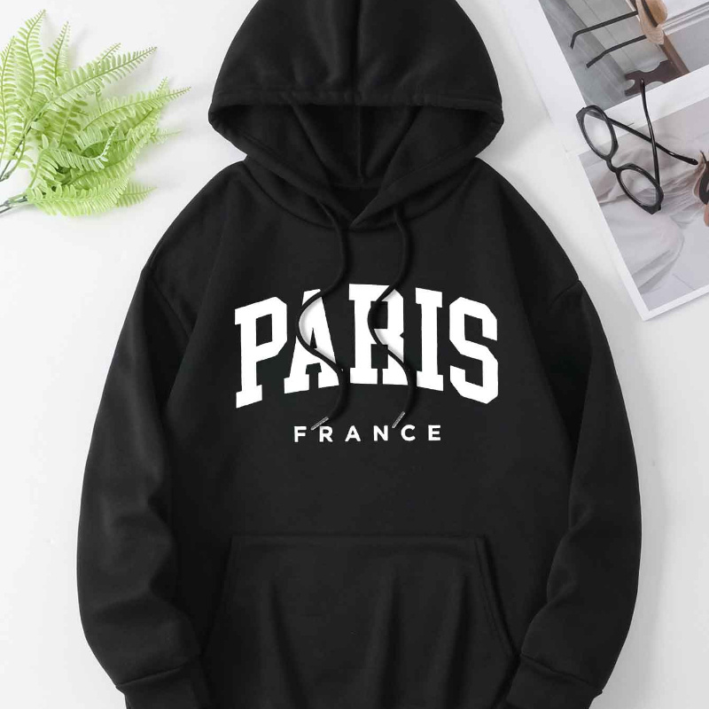 

Paris Print Hoodie, Casual Long Sleeved Kangaroo Pocket Drawstring Hoodie, Women's Clothing