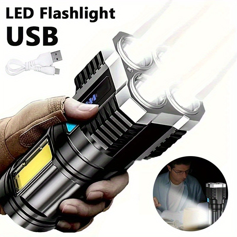 

Powerful Usb Rechargeable Led Flashlight With Cob Side Light - Portable & Durable For Home And Outdoor Use, 1200mah Lithium Battery