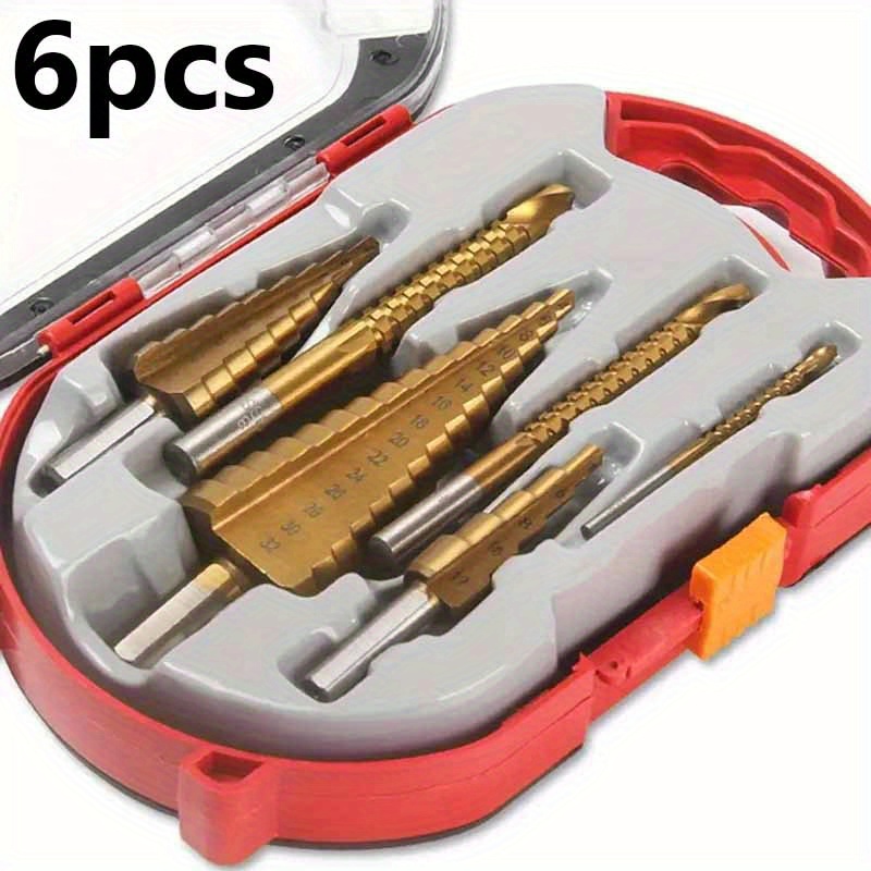 

6pcs High-speed Reaming Pagoda Sawtooth Set, Titanium Plating Drill Bit Set With Box, Multiple Hole Stepped Up Bits For Sheet Metal