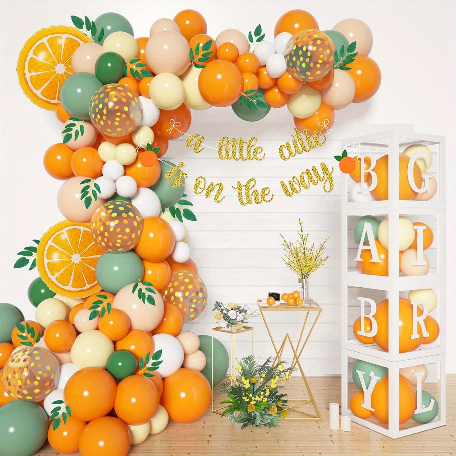 

138pcs Little Cute Shower Balloon Box Decorations, Blocks With Letters Orange Balloon Garland Kit Little Cute Coming Soon Banner Willow Leaf Fruit 1st Birthday Party Decoration